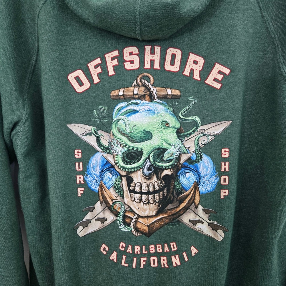 Offshore Surf Shop Carlsbad CA Hoodie Mens L Green Skull Octopus Pullover